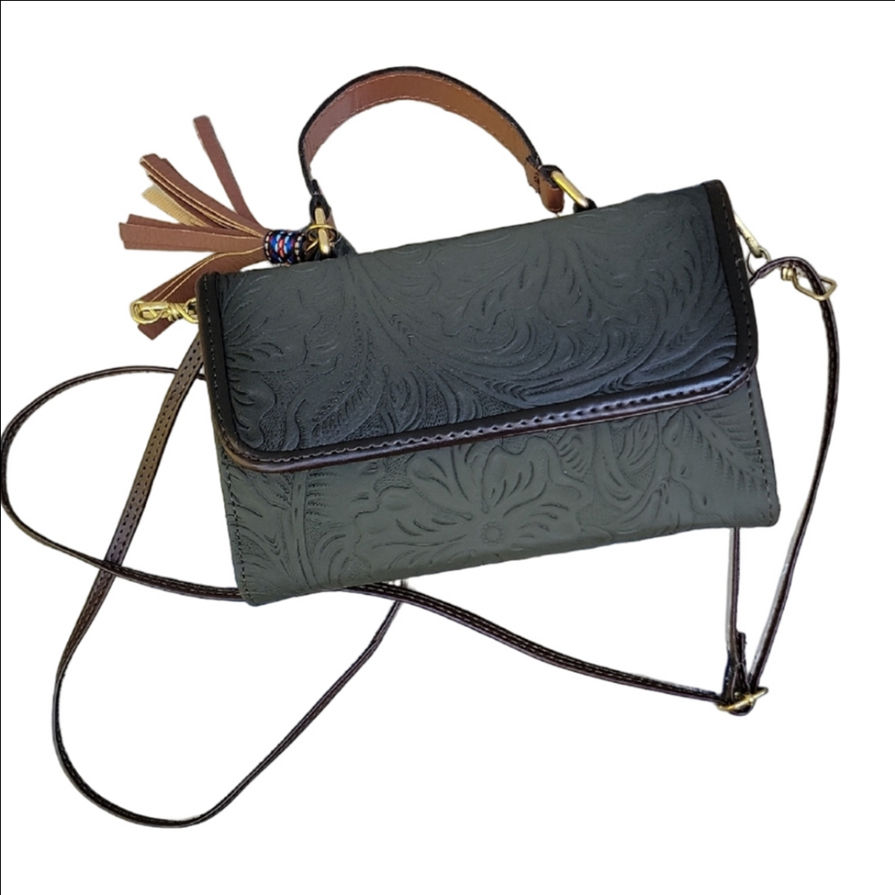 Handmade In Mexico Olive Brown Embossed Faux Leather Crossbody Bag